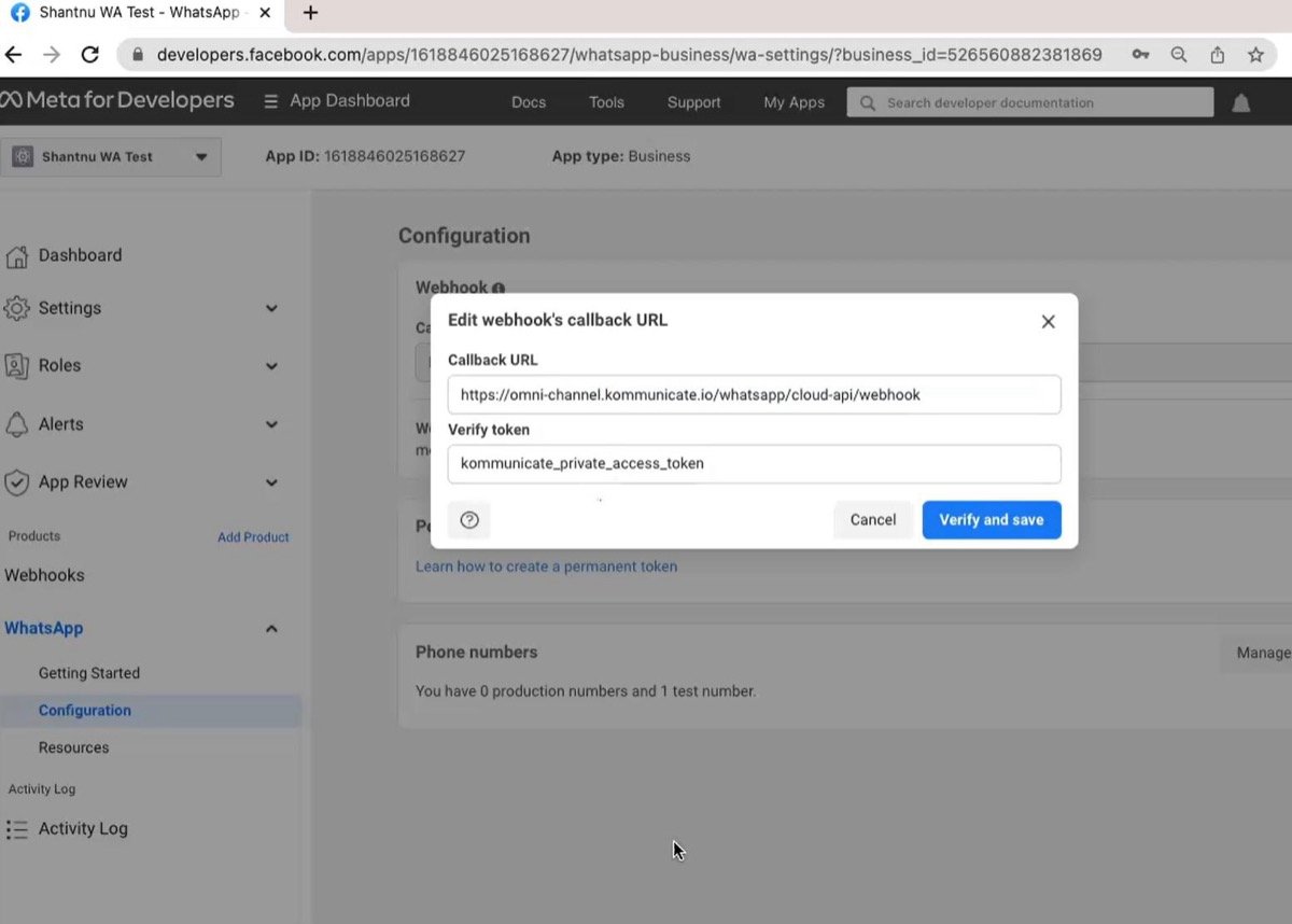 Edit the webhook callback URL and verify token