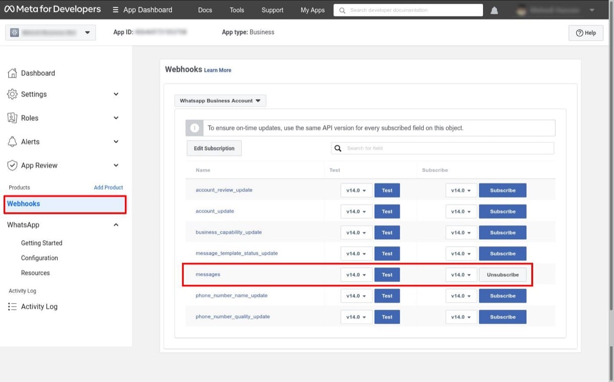 Subscribe to the messages webhook field