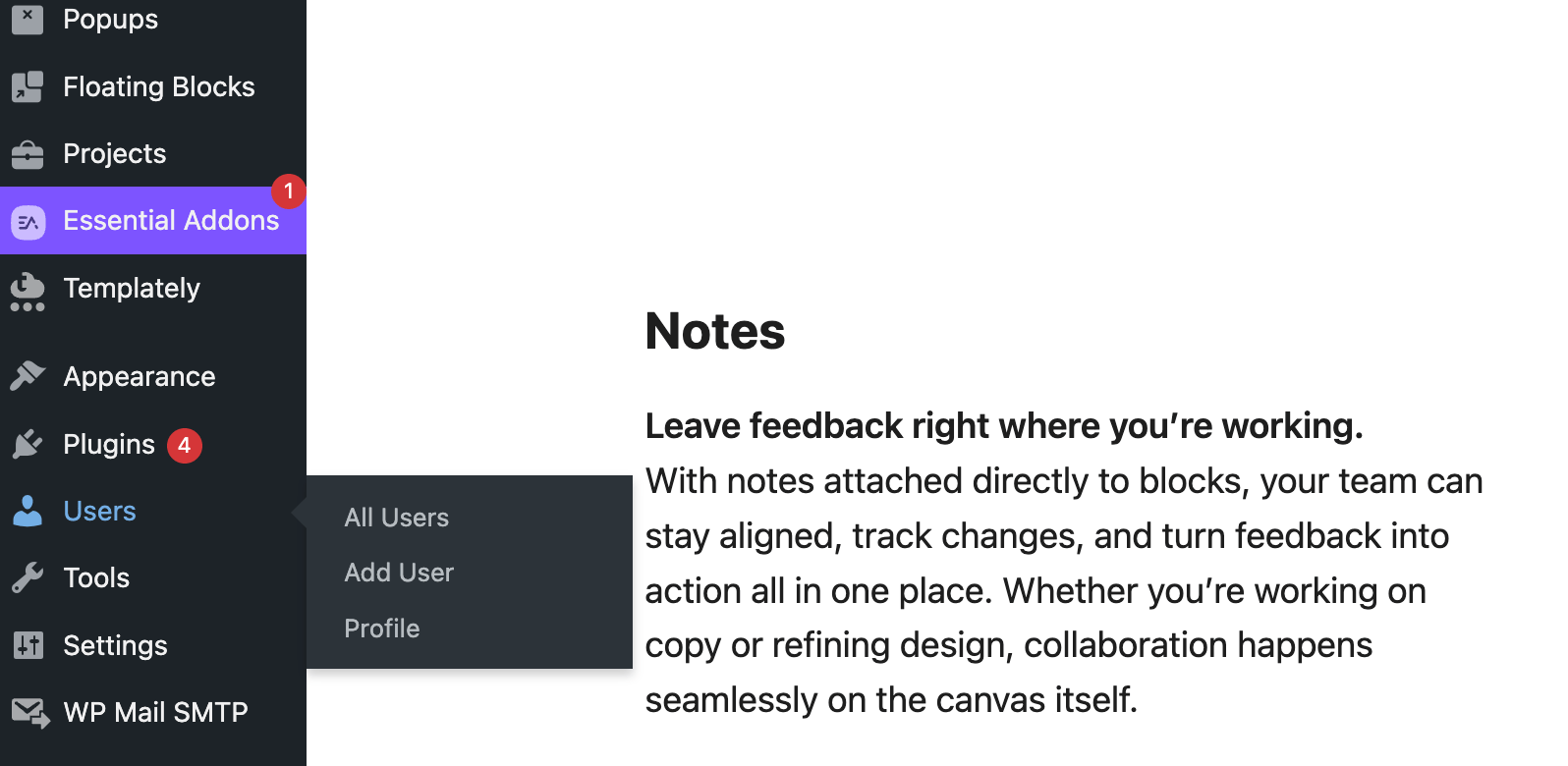 WordPress Users menu