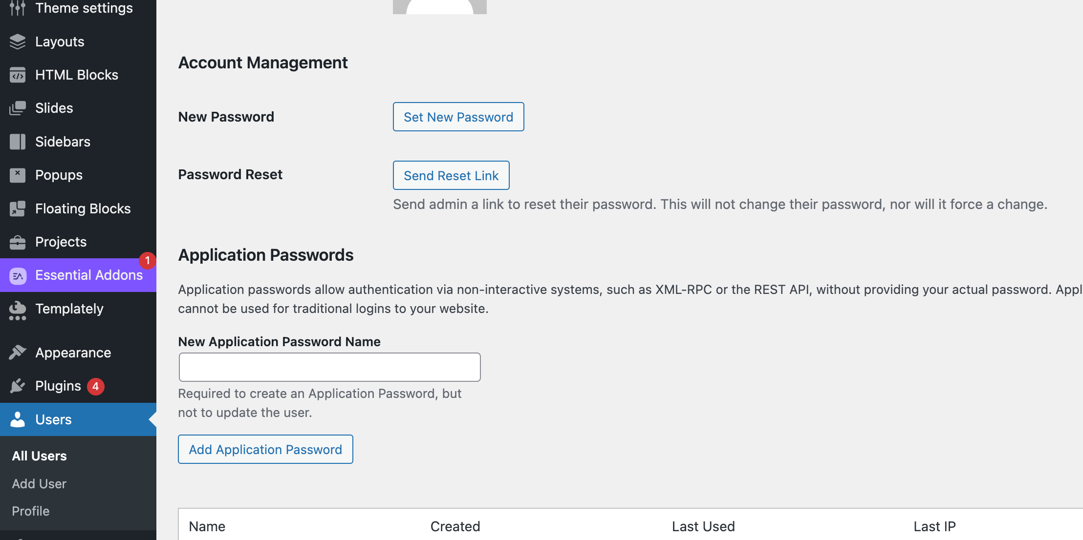 WordPress Application Passwords section