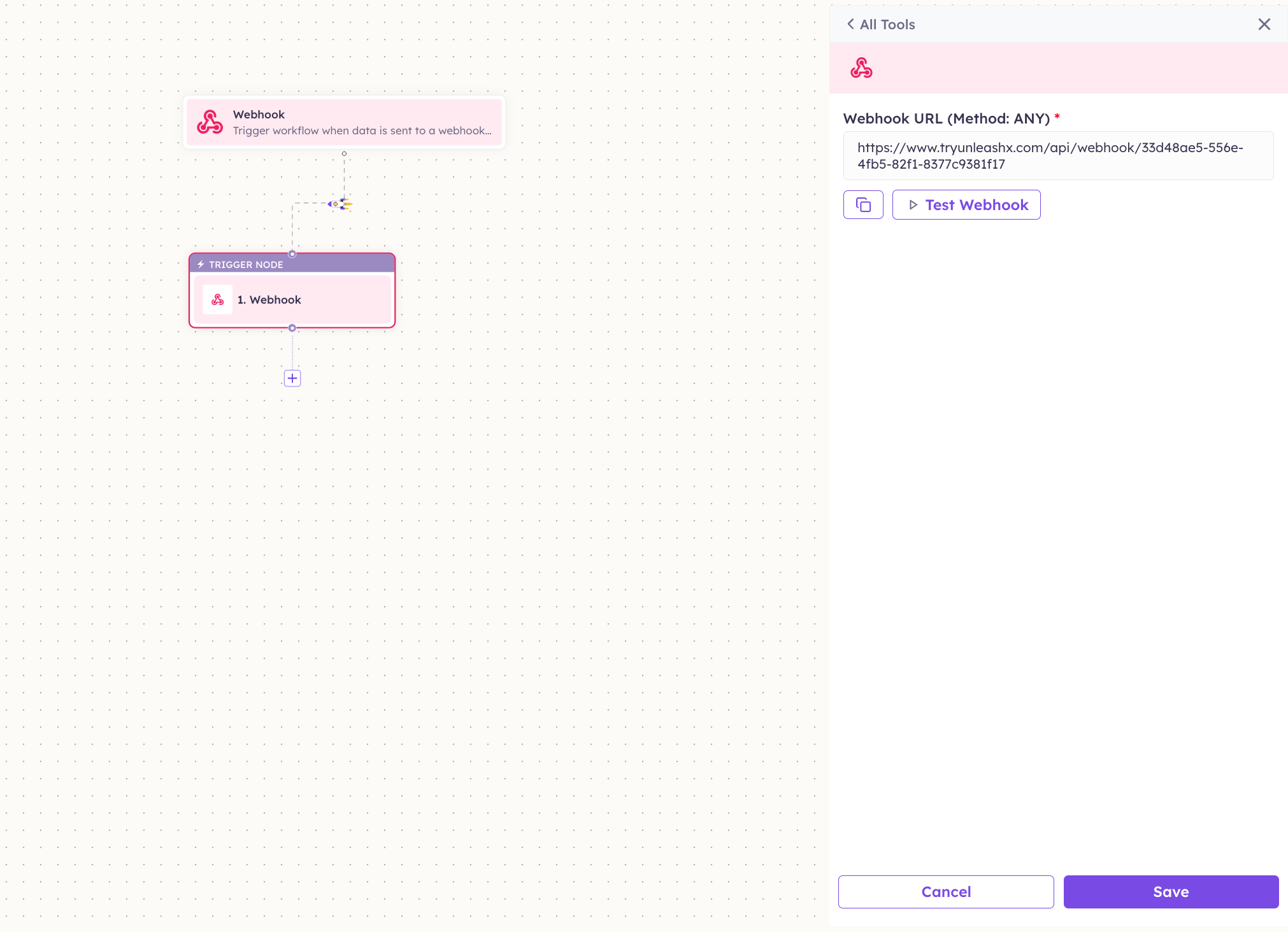 Webhook trigger — generated URL with Copy and Test