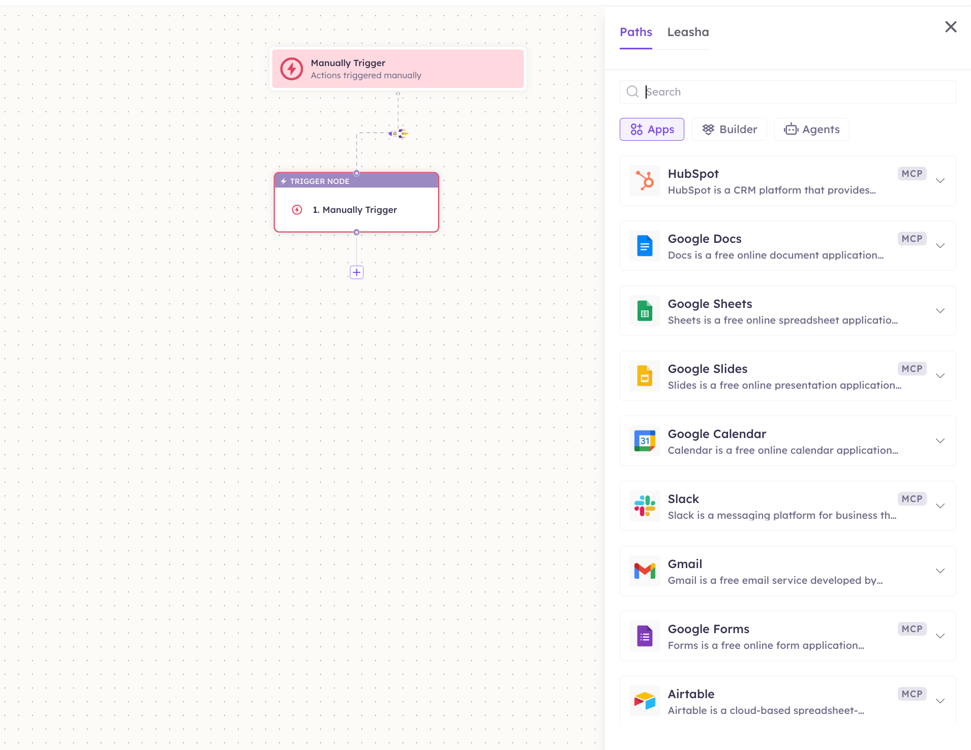 Manually Trigger node and the steps panel