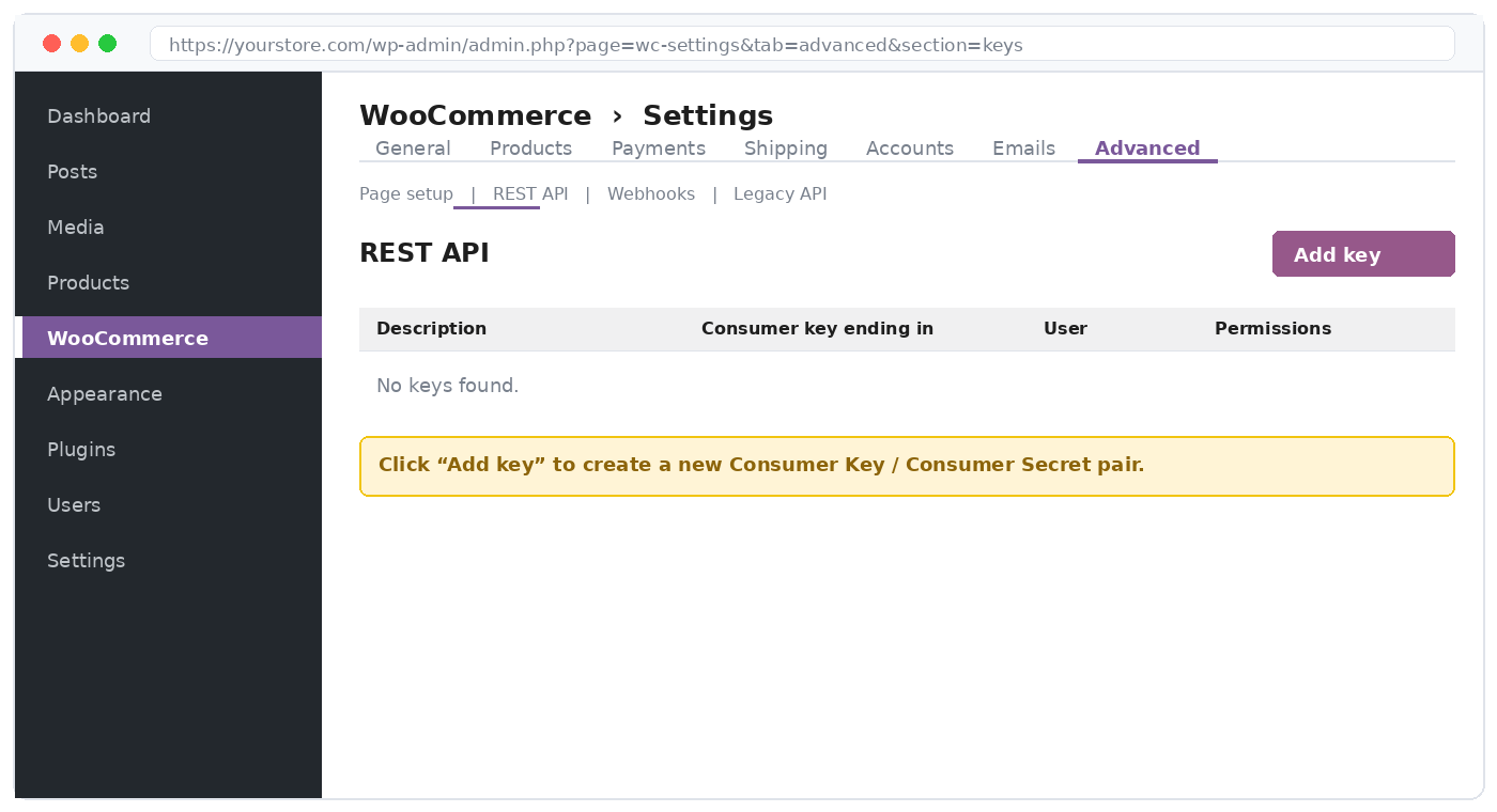 WooCommerce Settings → Advanced → REST API → Add key