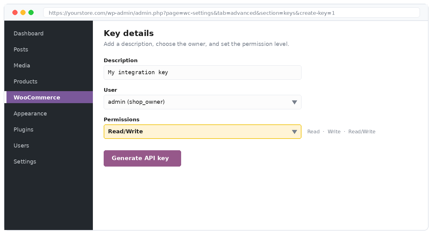 Key details: description, owning user, and permission level
