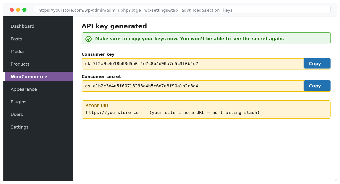 Consumer key and secret — copy the secret now, it can't be retrieved later