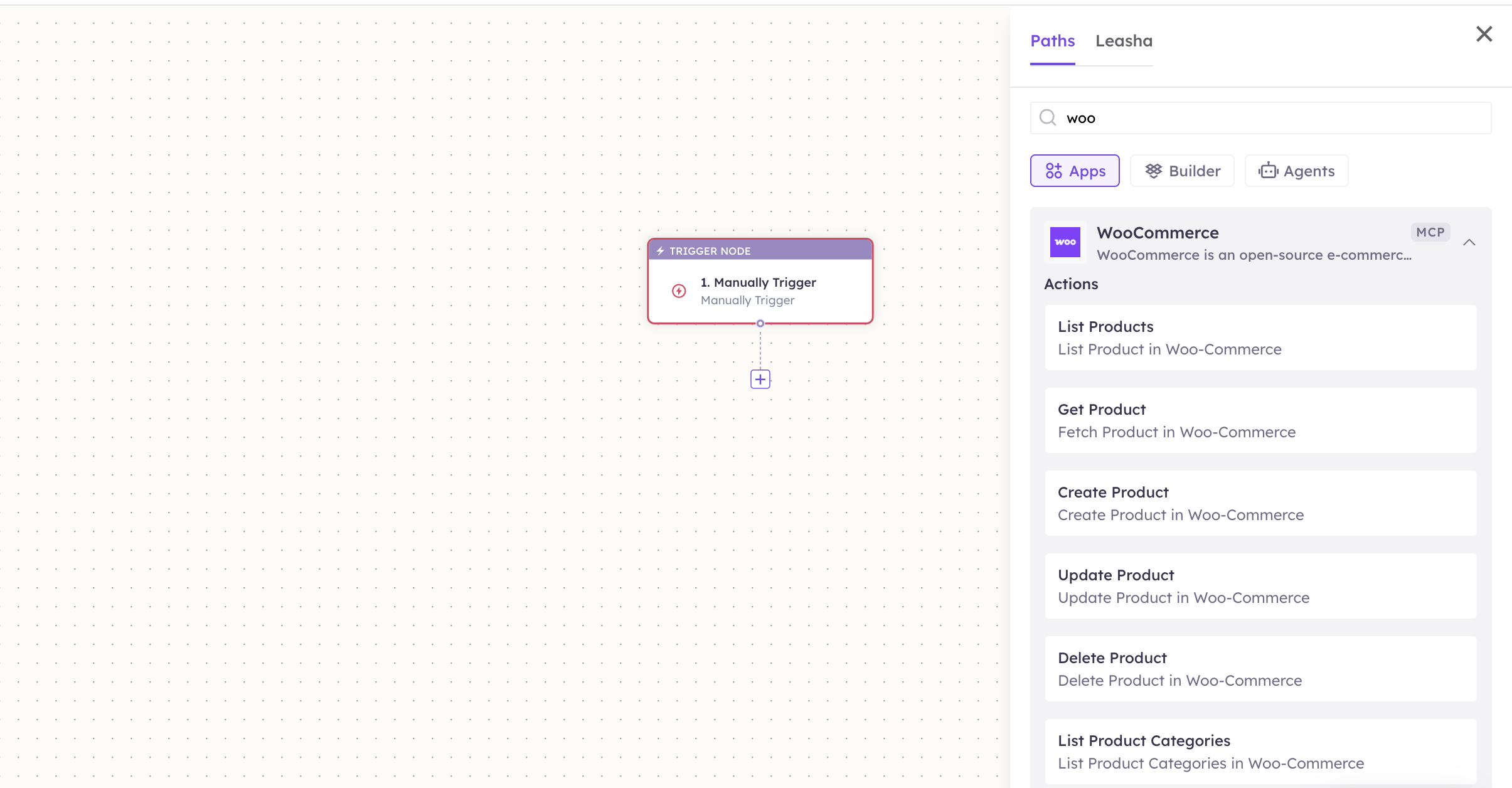 WooCommerce actions in the Apps panel