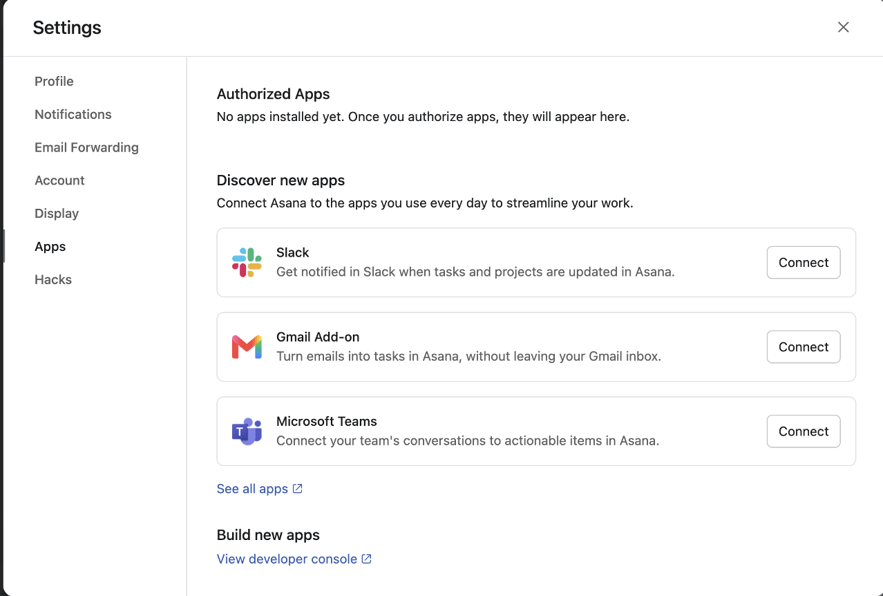 The Apps tab in Asana Settings, with View developer console at the bottom