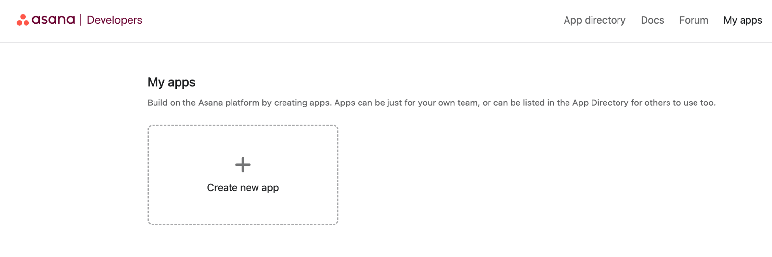 The Asana Developers console, My apps page