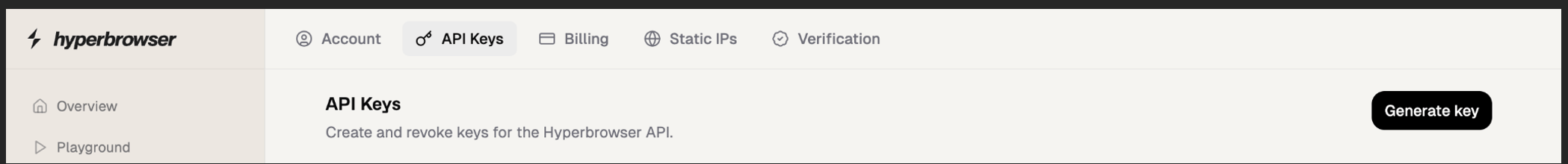 The API Keys tab with the Generate key button