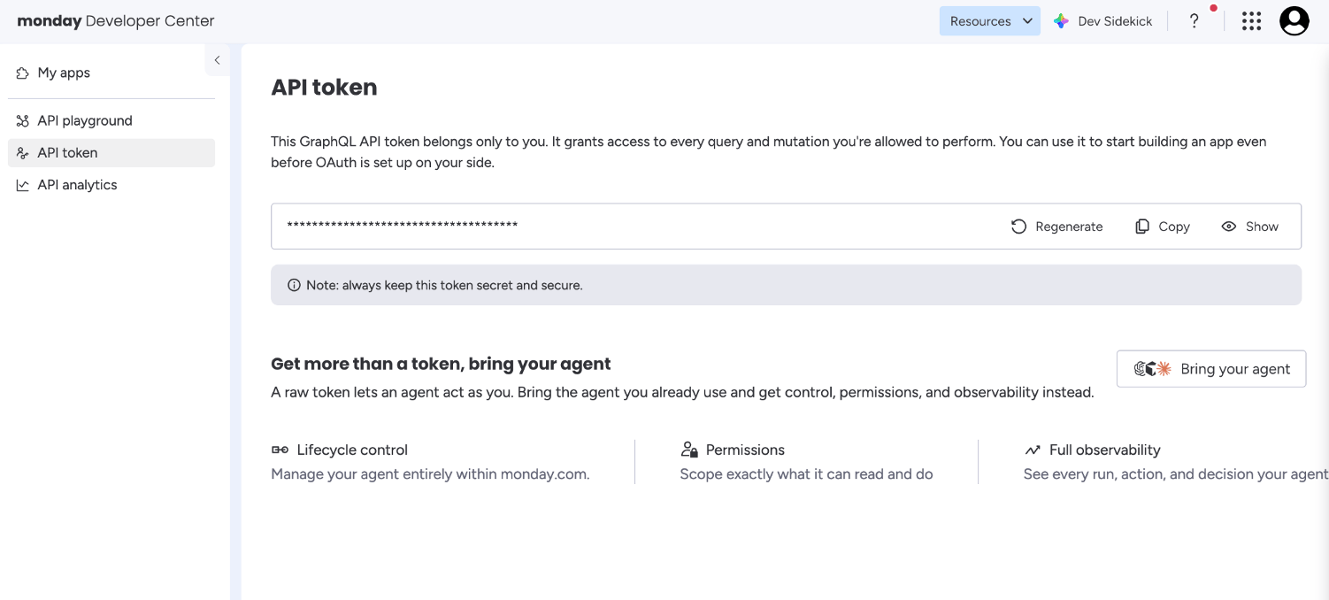 The API token page in the monday.com Developer Center