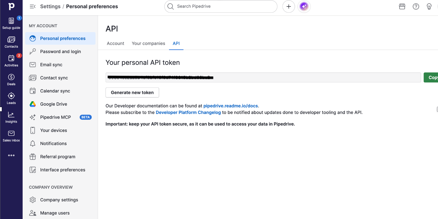 The API tab in Pipedrive Personal preferences, showing your personal API token