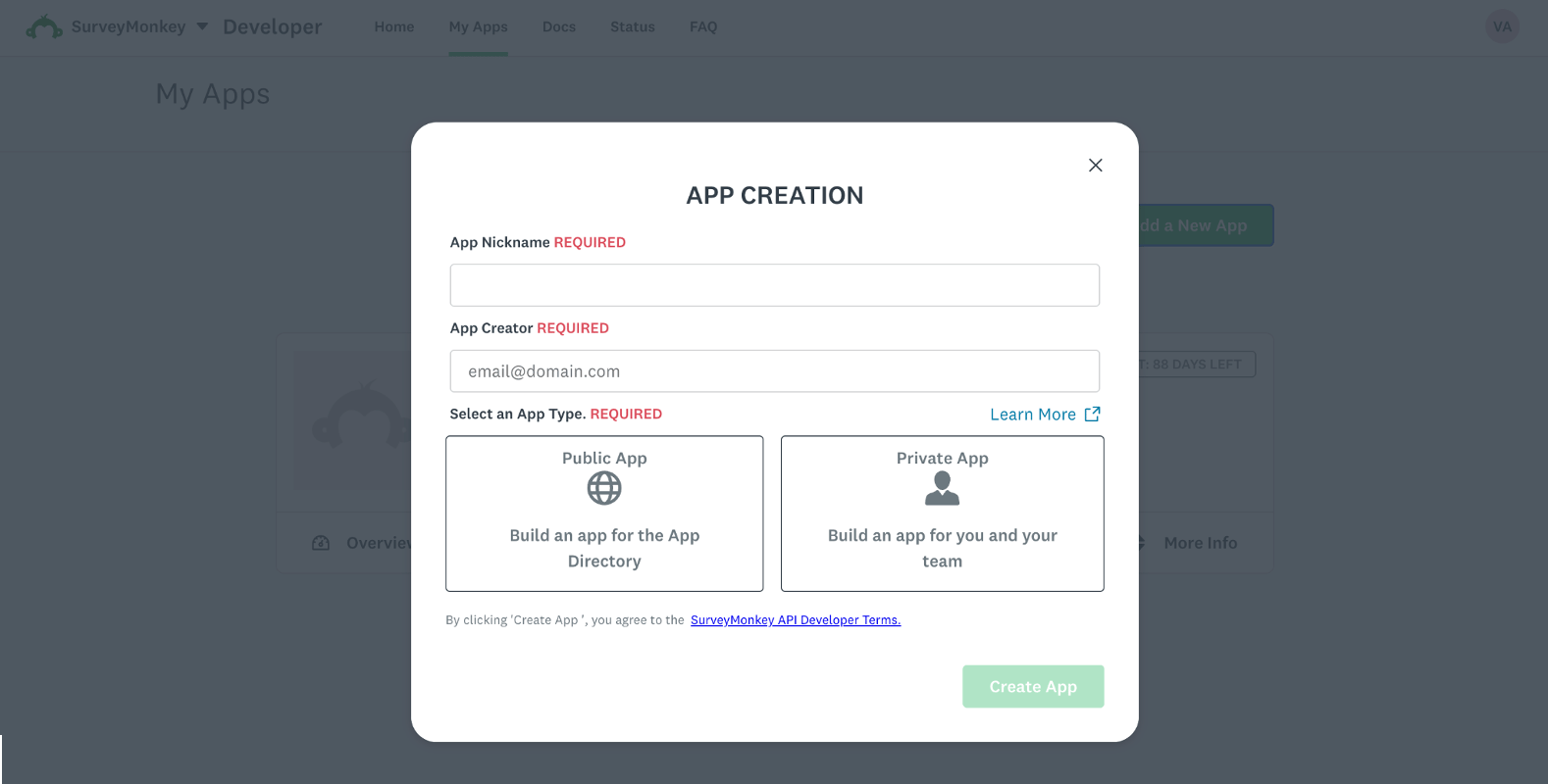 The APP CREATION dialog in the SurveyMonkey Developer Portal