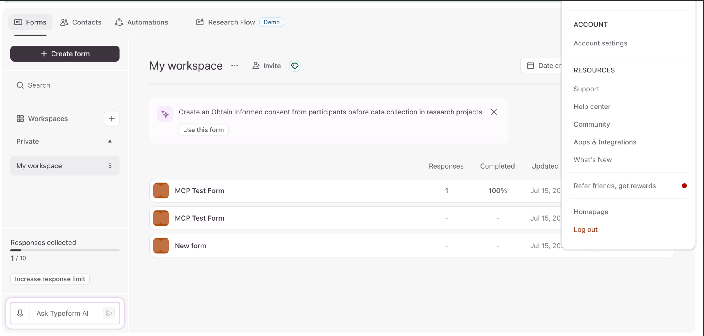 Open Account Settings from the Typeform admin portal