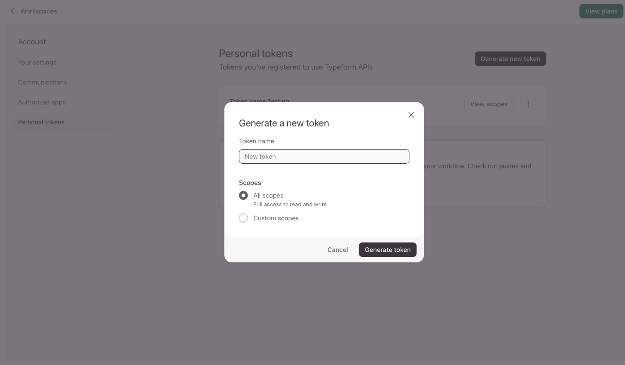 Generate a new personal token