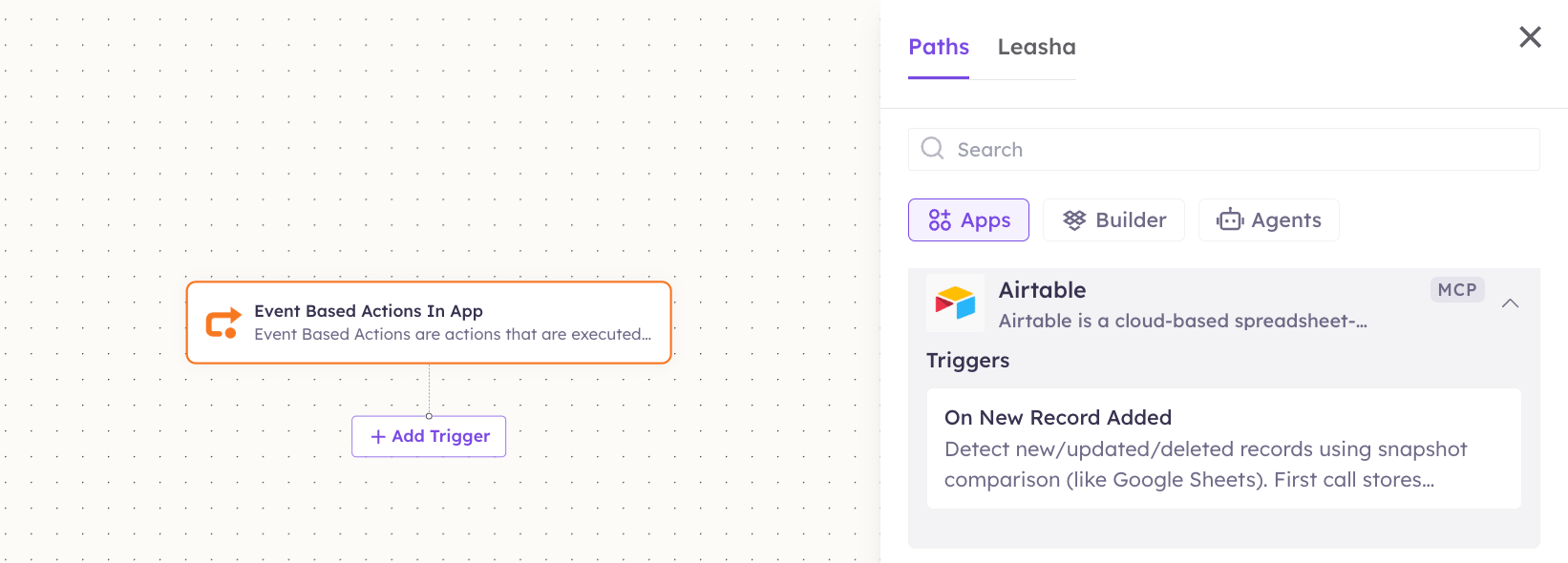Airtable triggers in the Apps panel