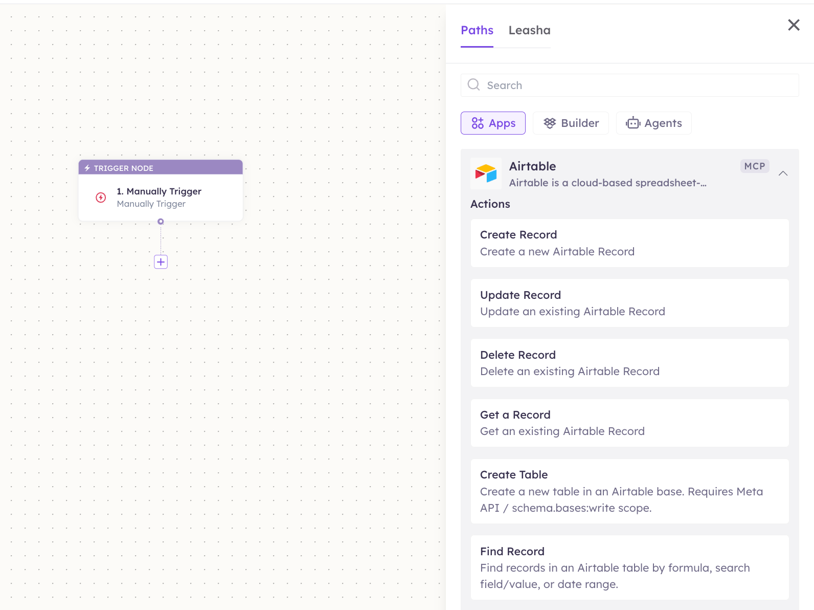Airtable actions in the Apps panel