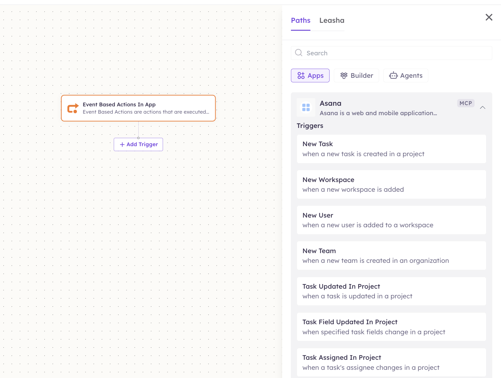 Asana triggers in the Apps panel