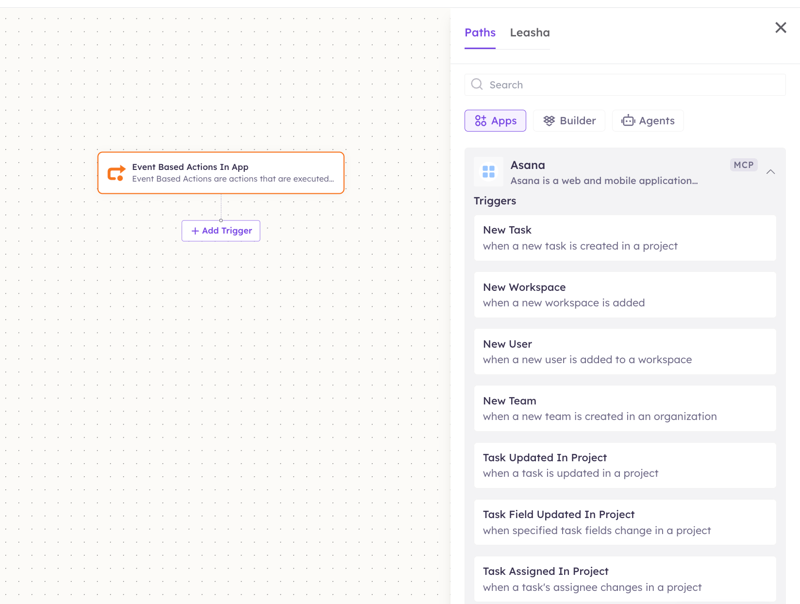 Asana triggers in the Apps panel