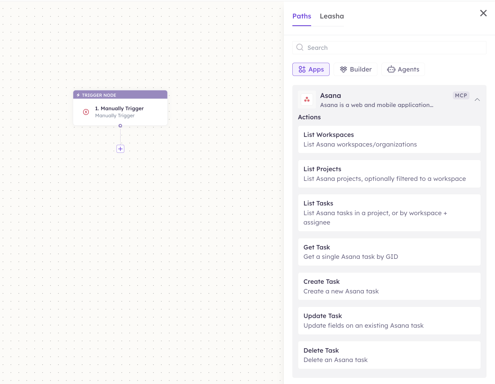 Asana actions in the Apps panel