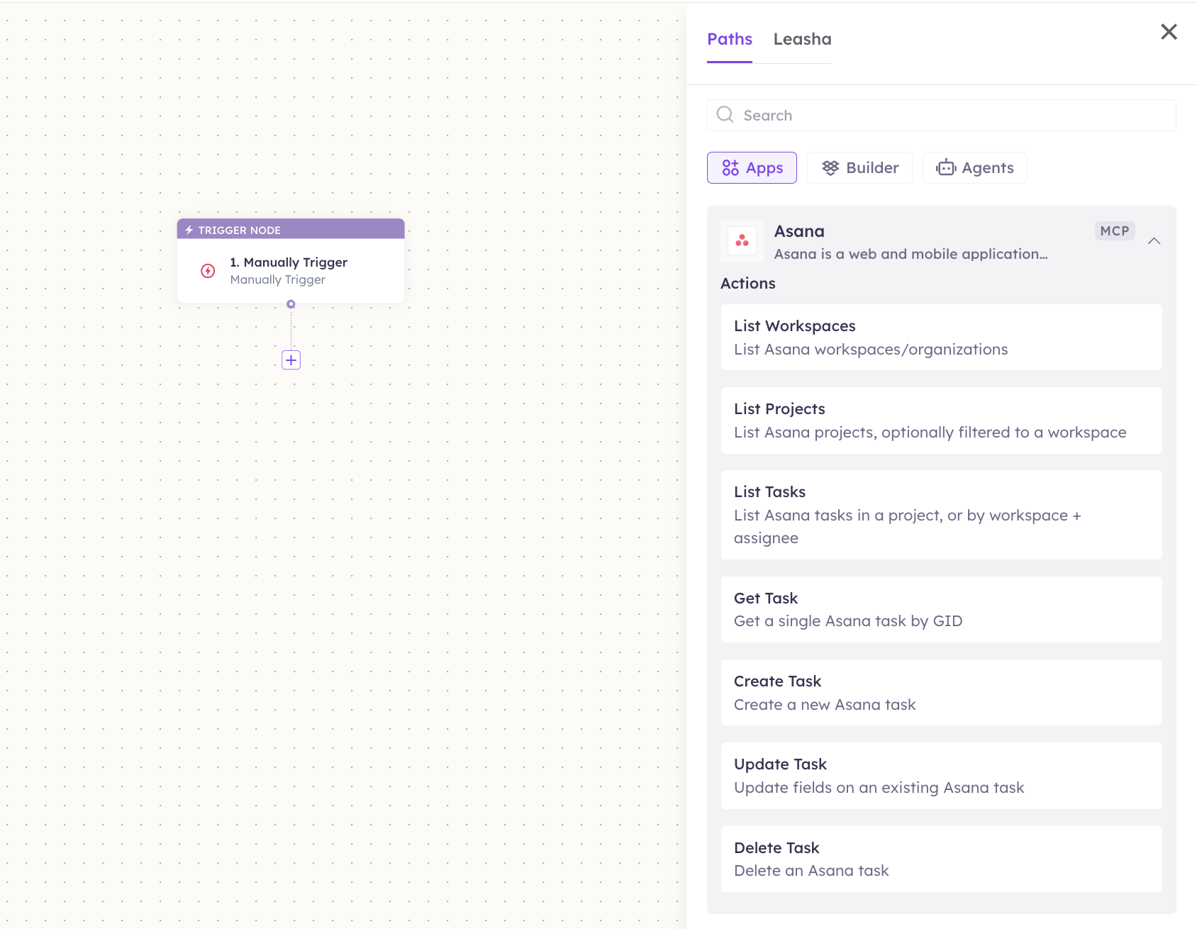 Asana actions in the Apps panel