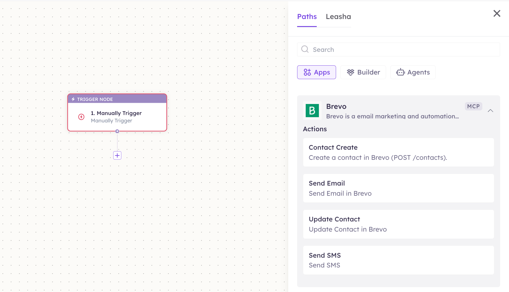 Brevo actions in the Apps panel