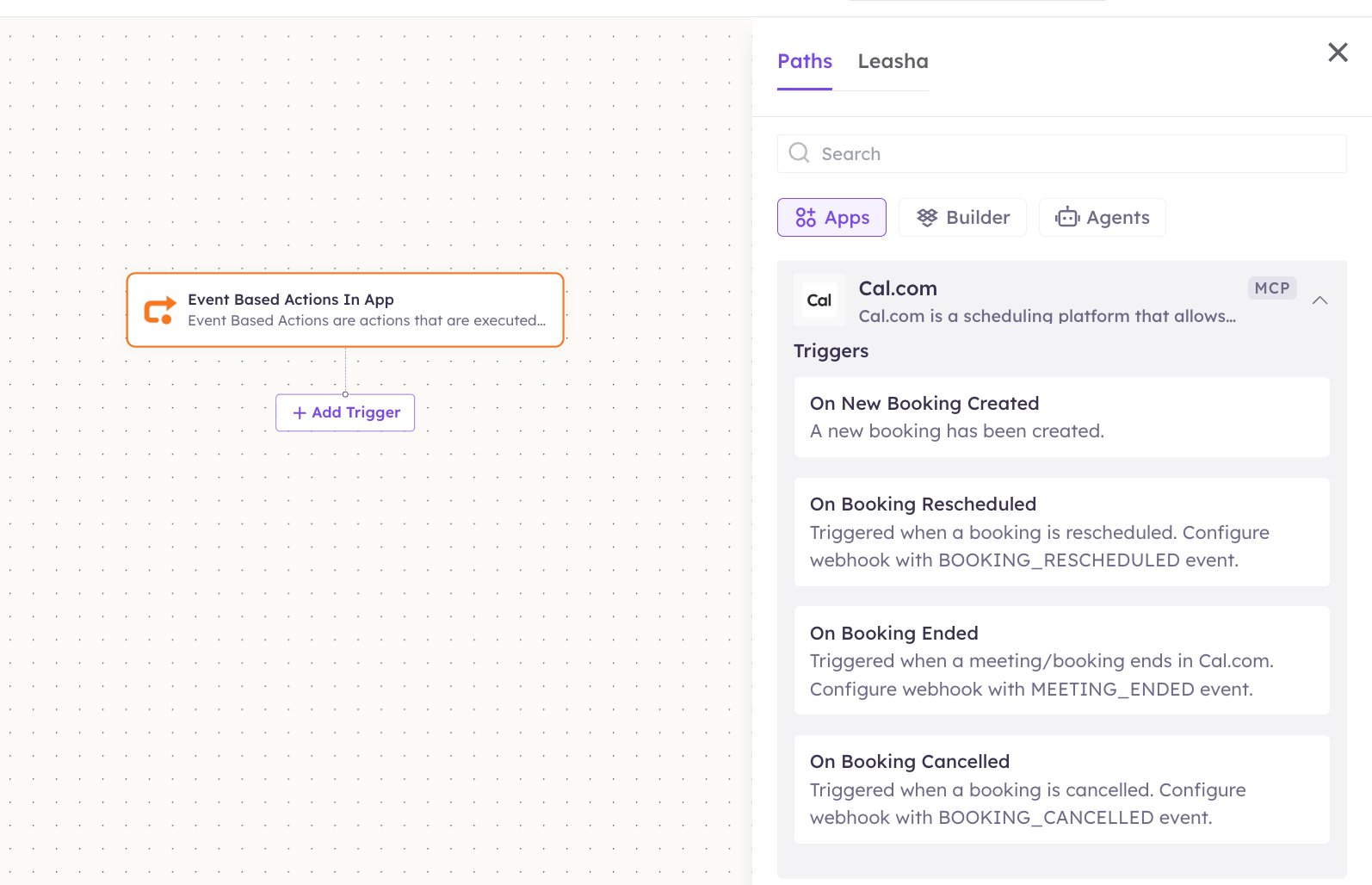 Cal.com triggers in the Apps panel
