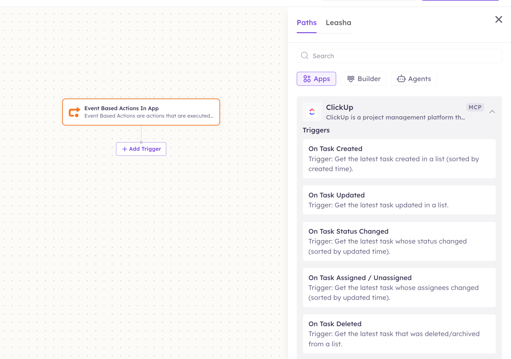 ClickUp triggers in the Apps panel