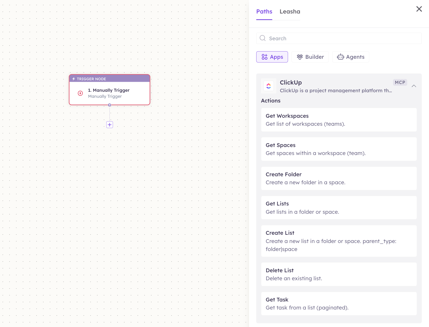 ClickUp actions in the Apps panel
