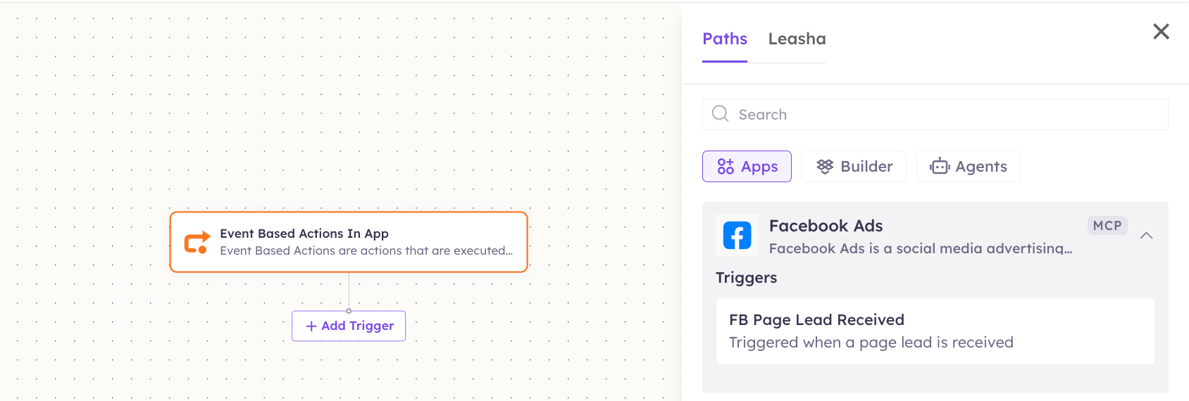 Facebook triggers in the Apps panel