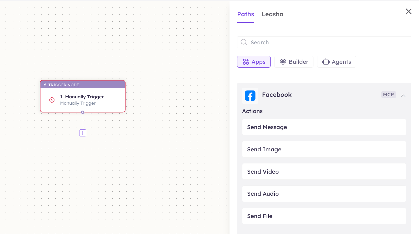 Facebook actions in the Apps panel
