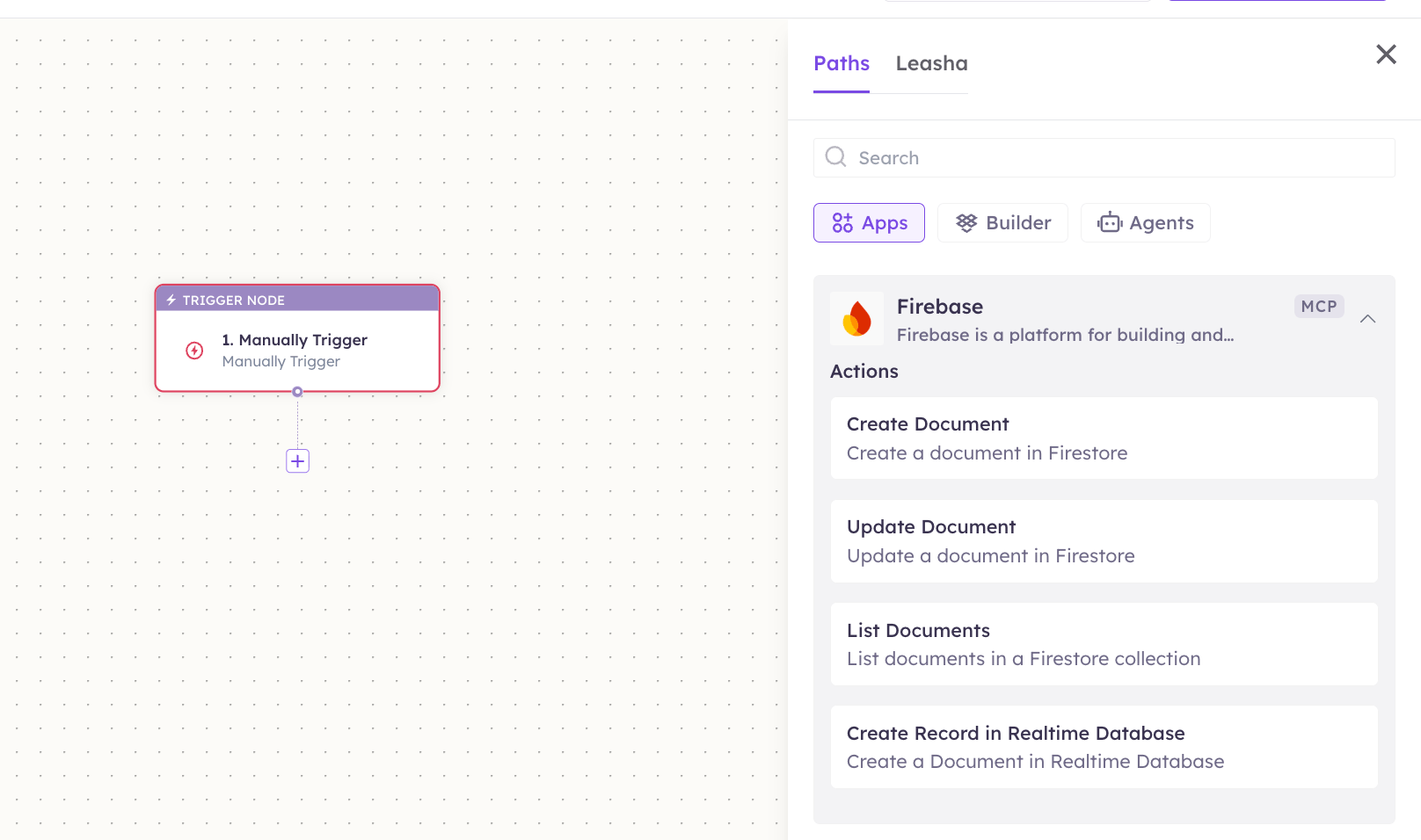 Firebase actions in the Apps panel