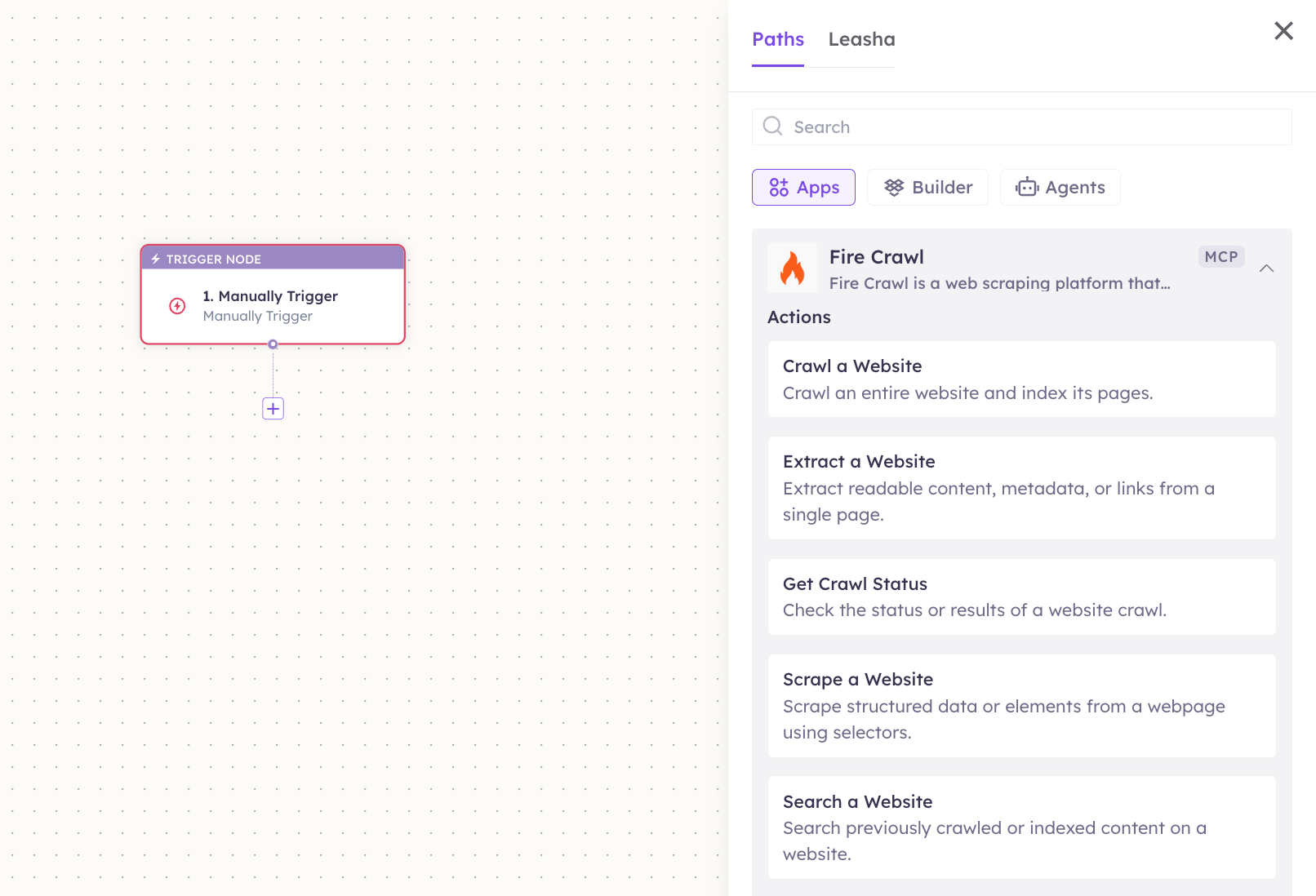 Fire Crawl actions in the Apps panel