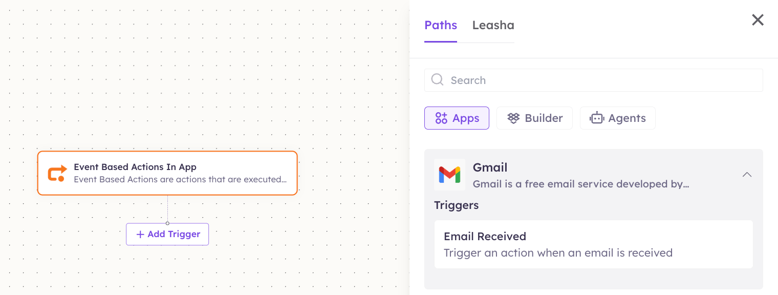 Gmail triggers in the Apps panel