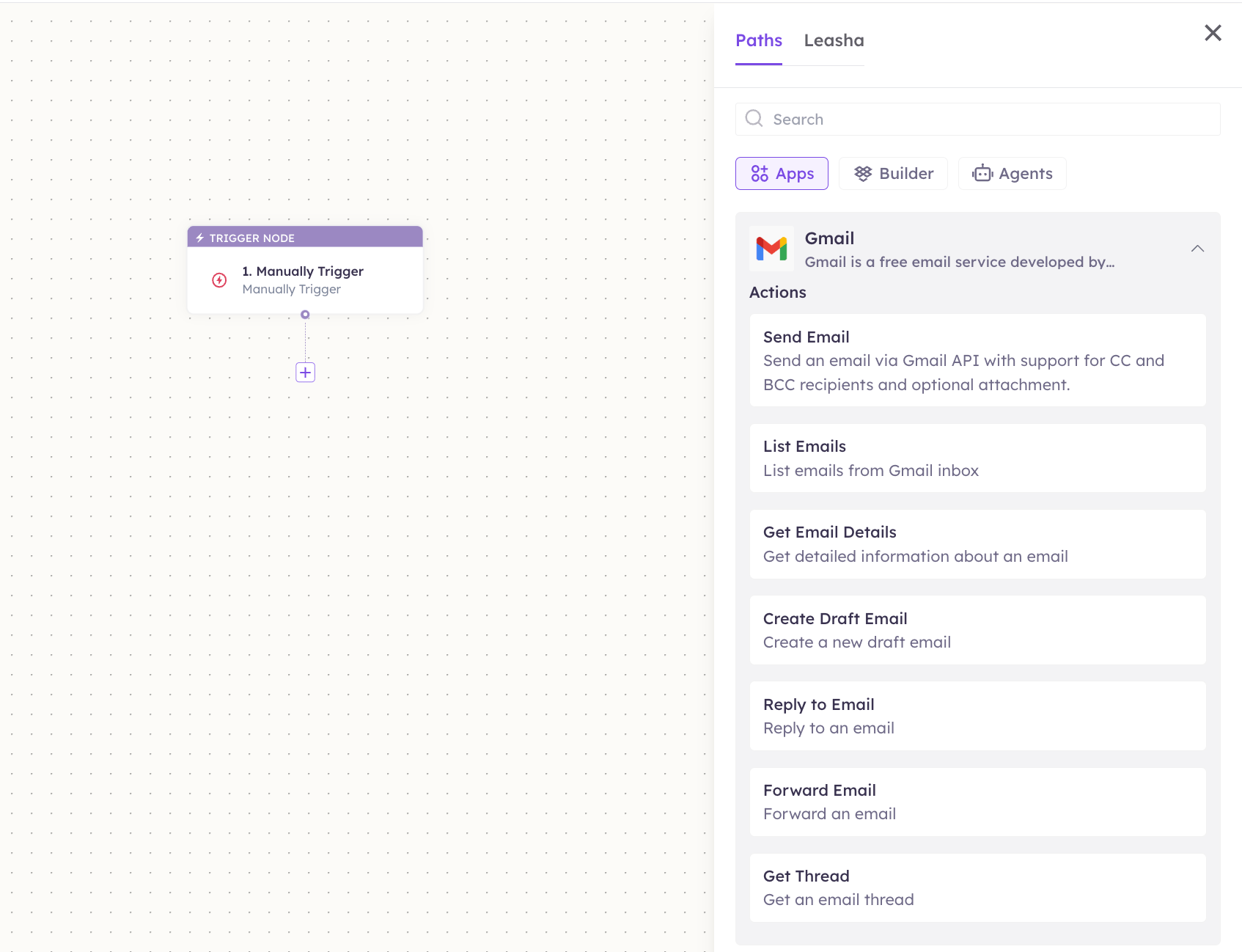 Gmail actions in the Apps panel