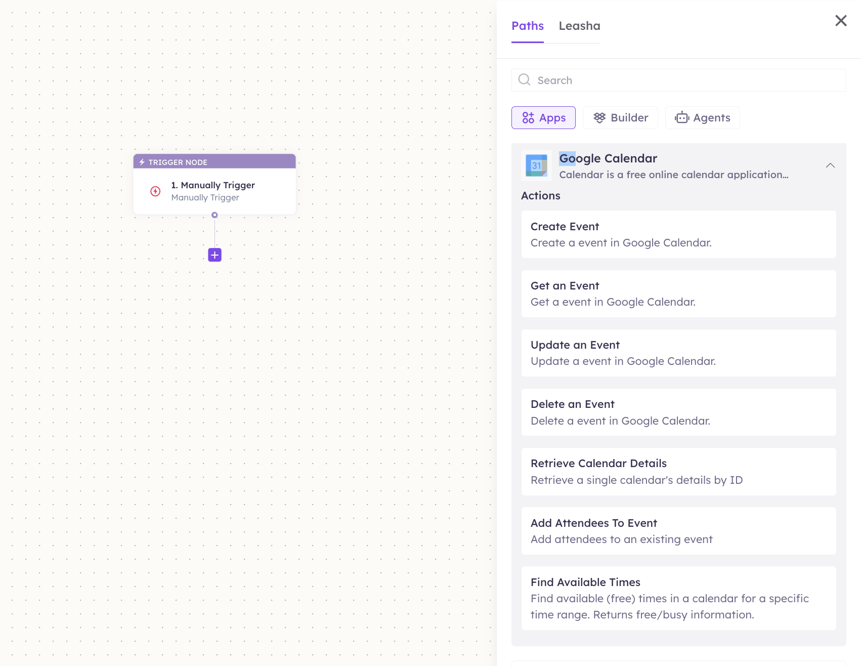 Google Calendar actions in the Apps panel