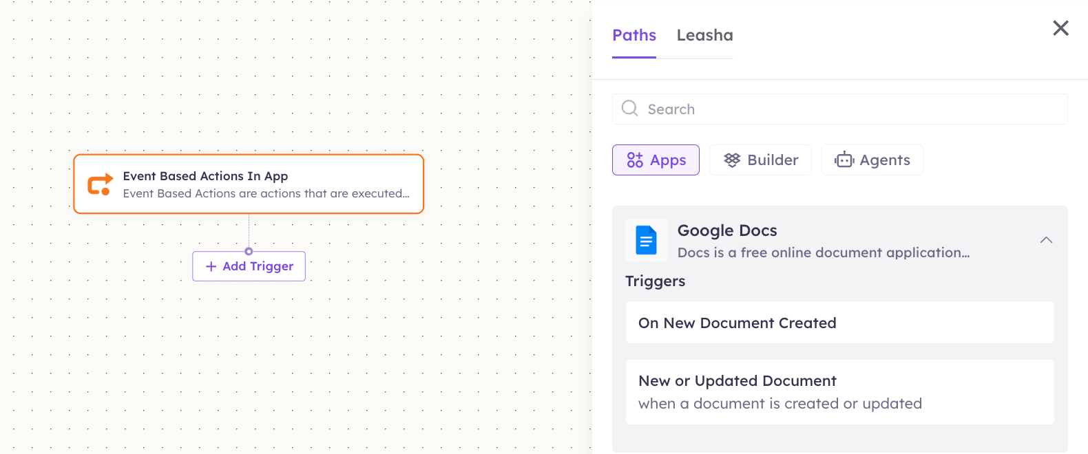 Google Docs triggers in the Apps panel