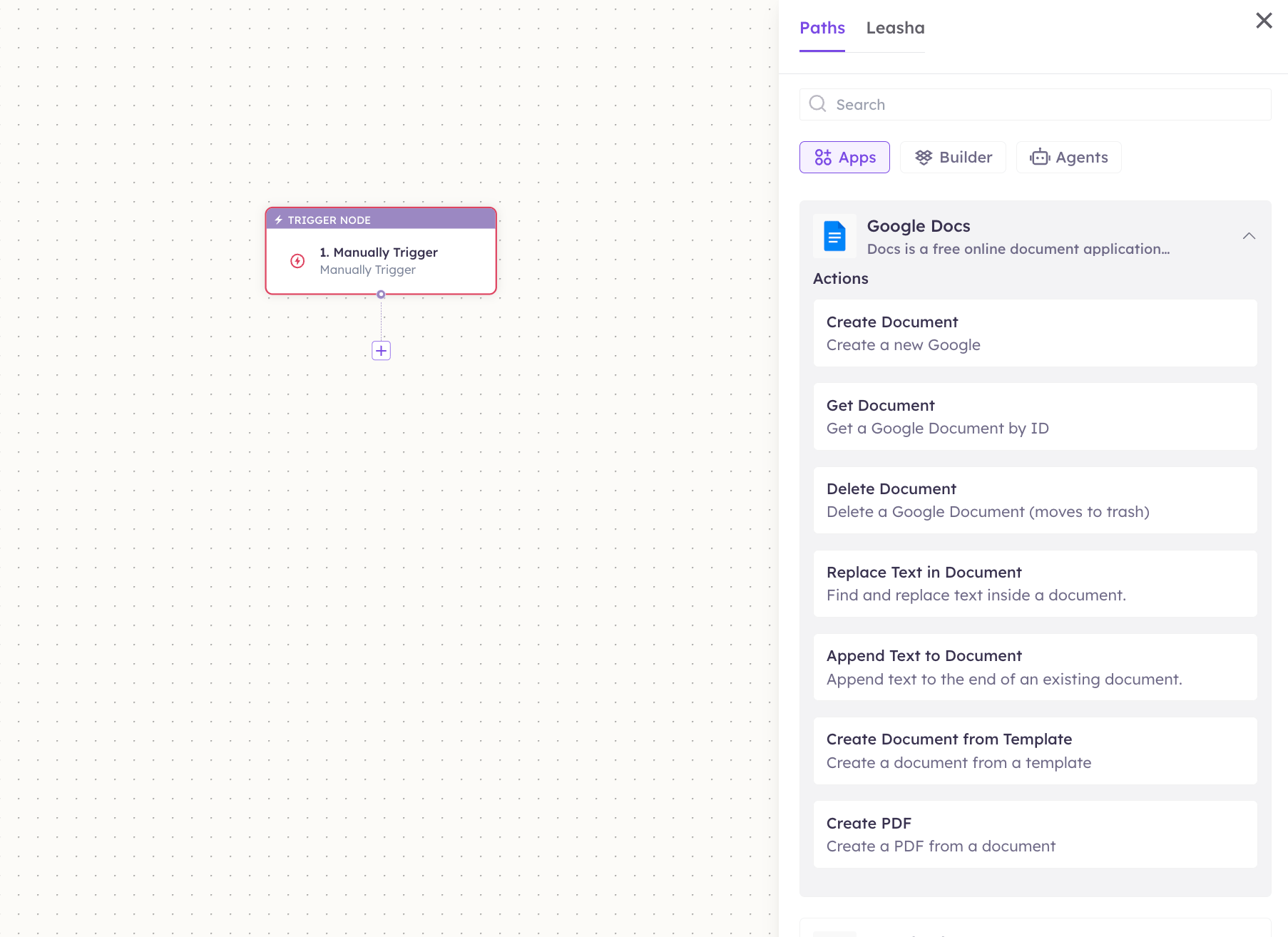 Google Docs actions in the Apps panel