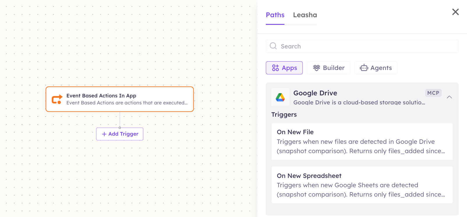 Google Drive triggers in the Apps panel