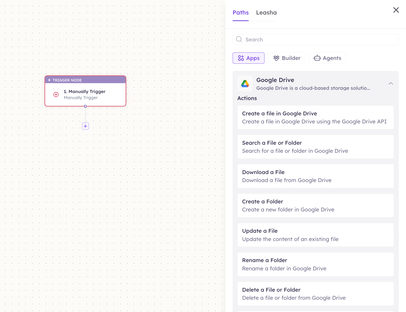 Google Drive actions in the Apps panel