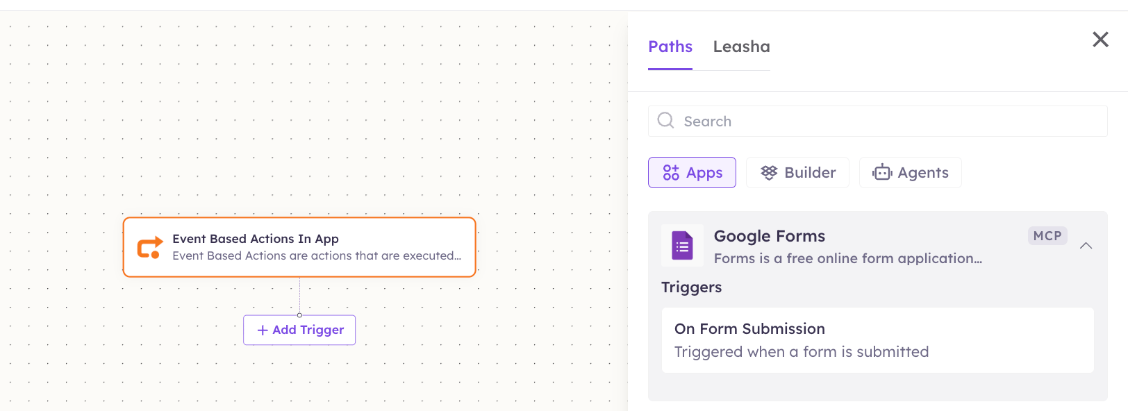 Google Forms triggers in the Apps panel