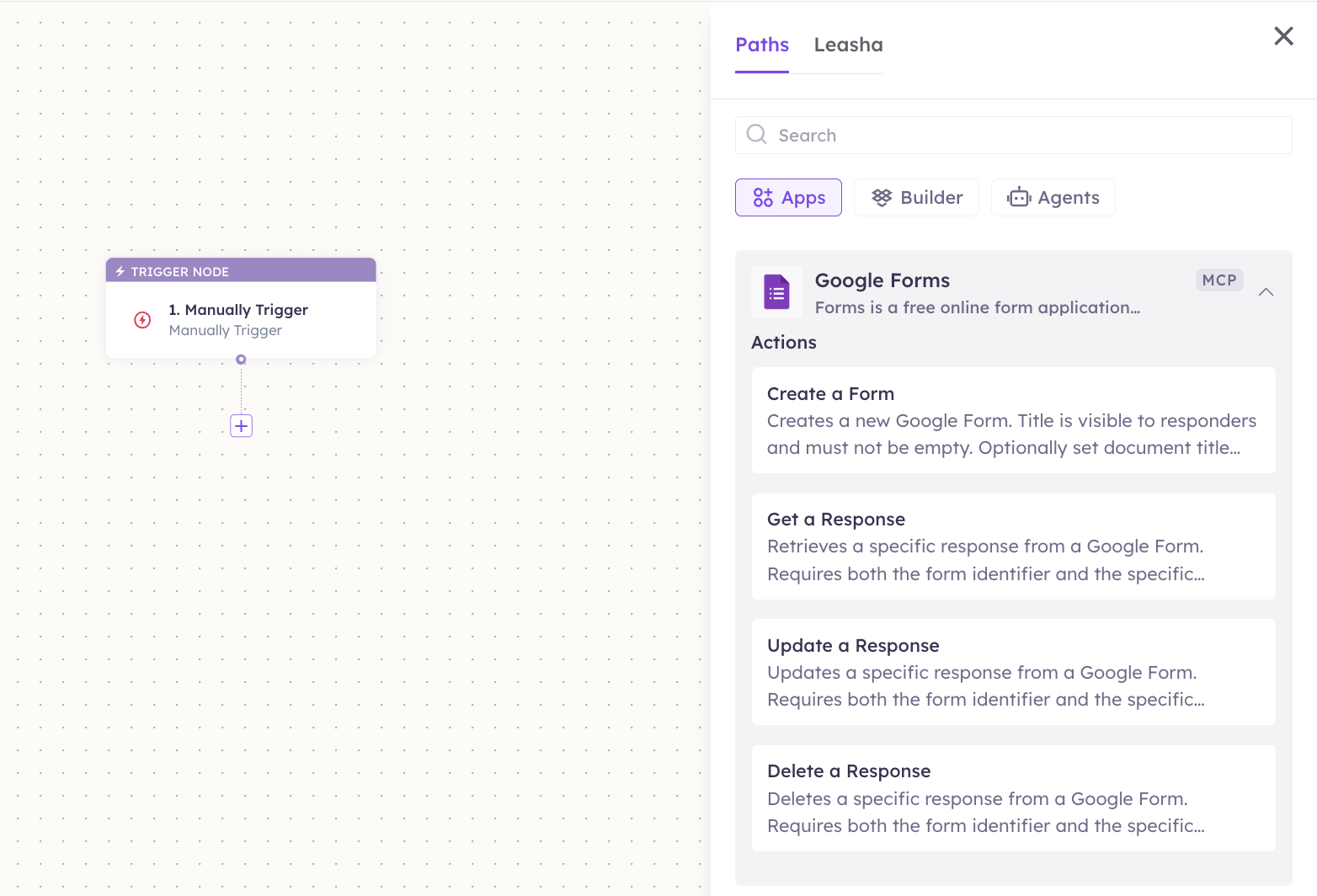 Google Forms actions in the Apps panel