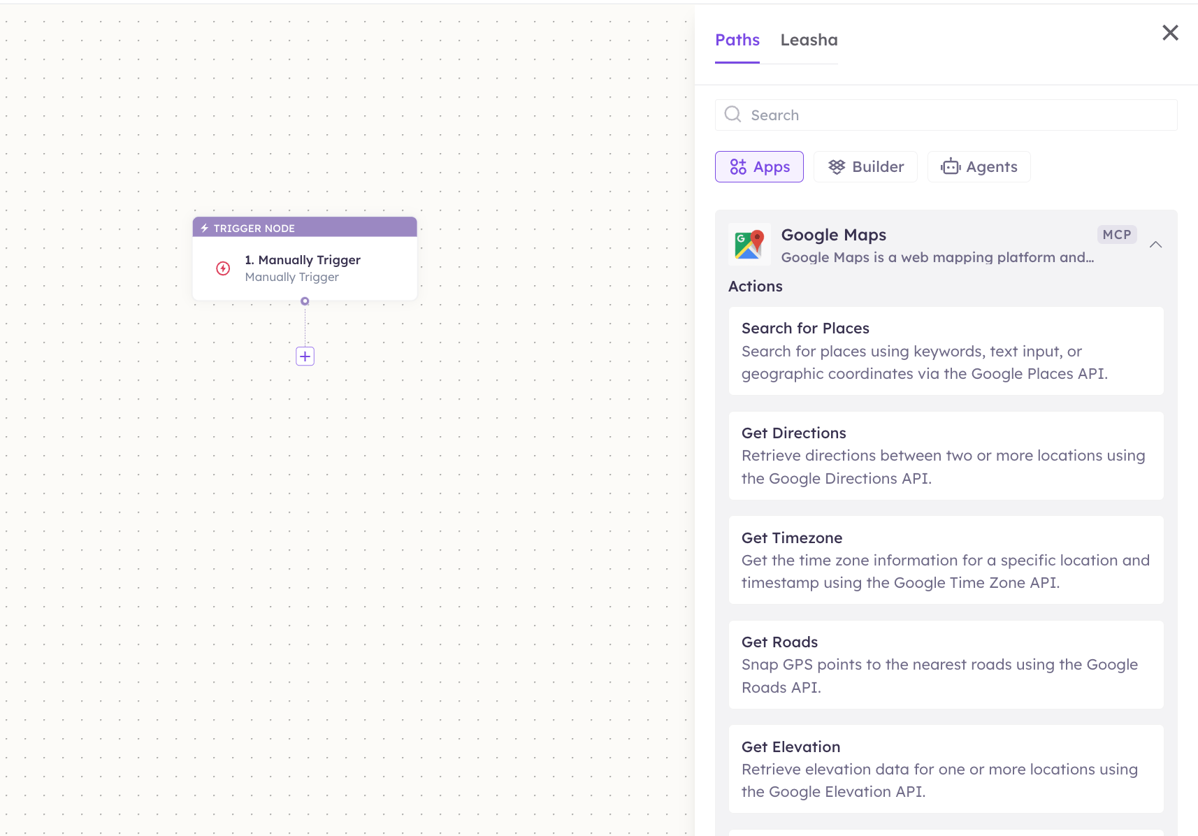 Google Maps actions in the Apps panel