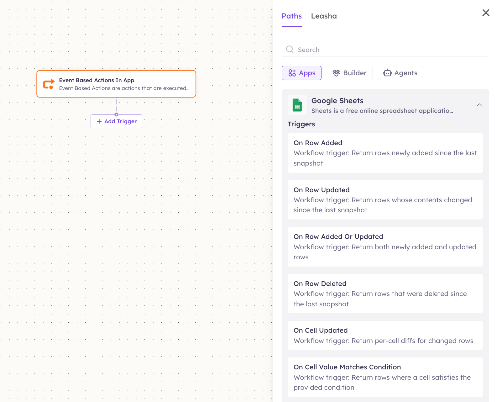 Google Sheets triggers in the Apps panel
