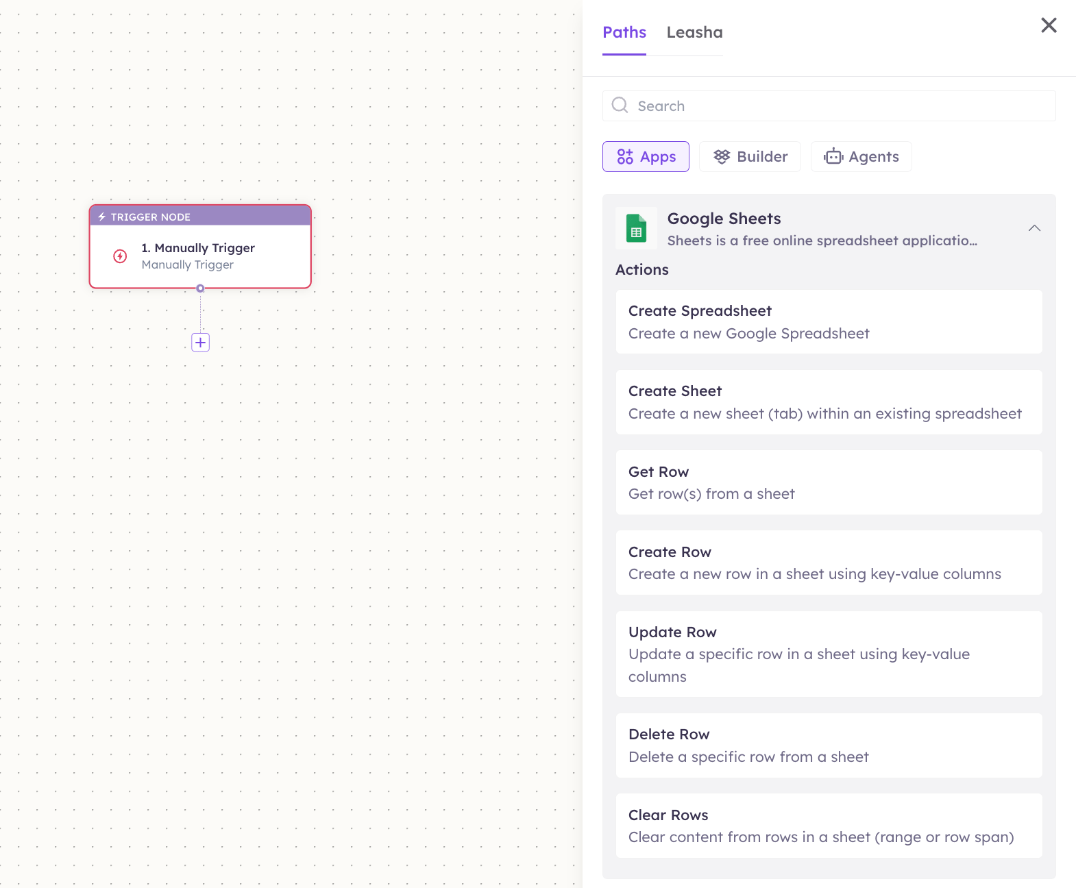 Google Sheets actions in the Apps panel