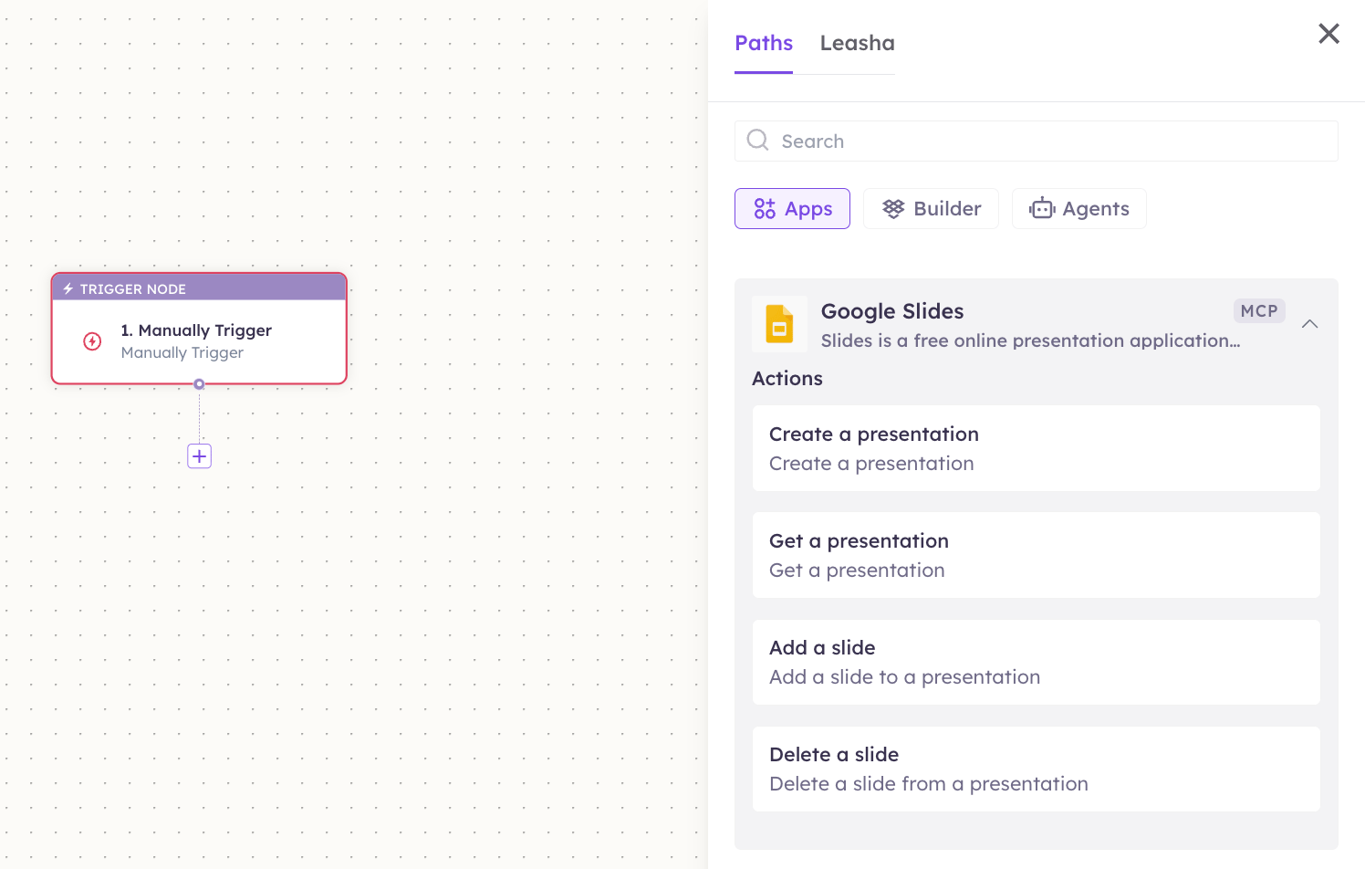 Google Slides actions in the Apps panel