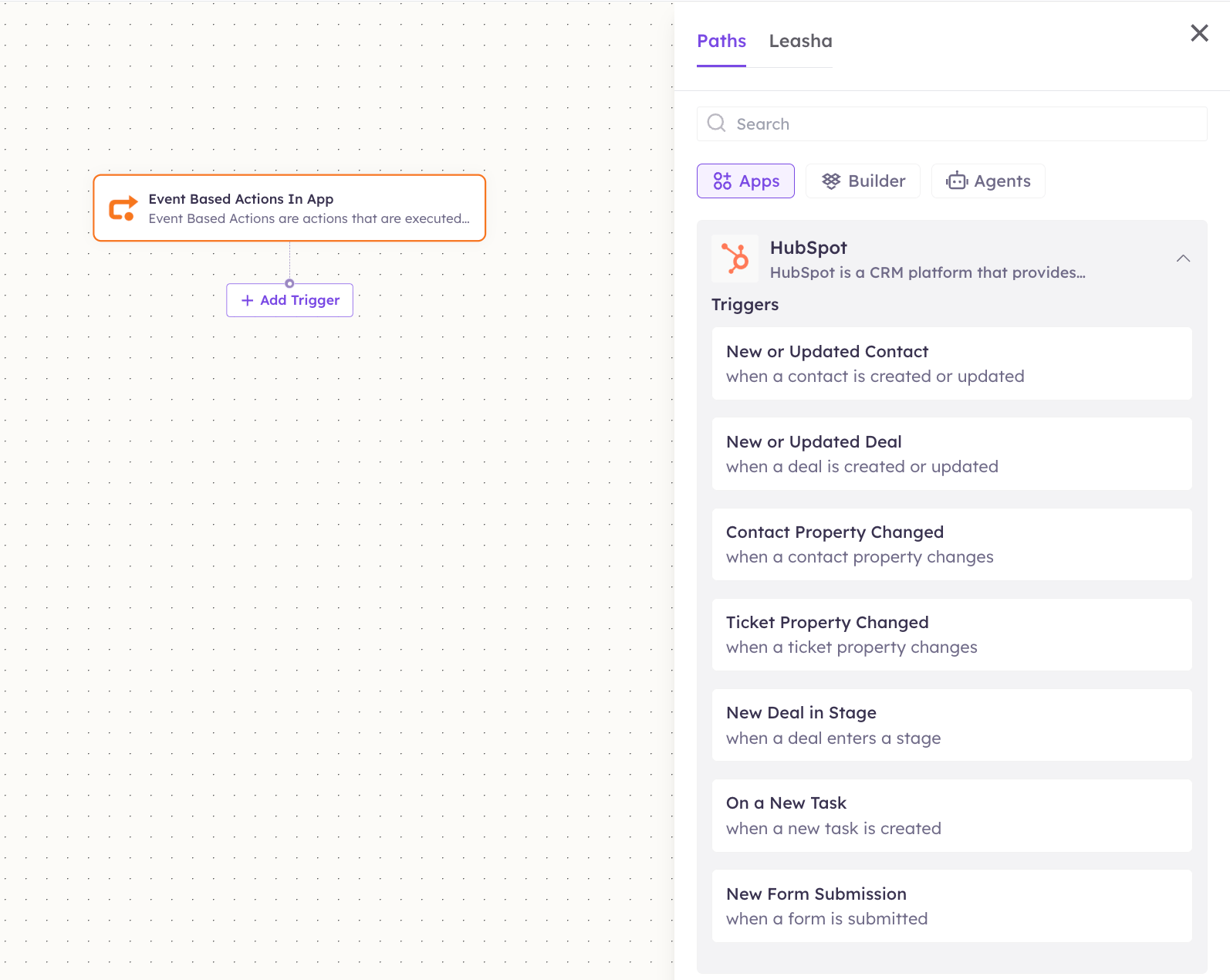 HubSpot triggers in the Apps panel
