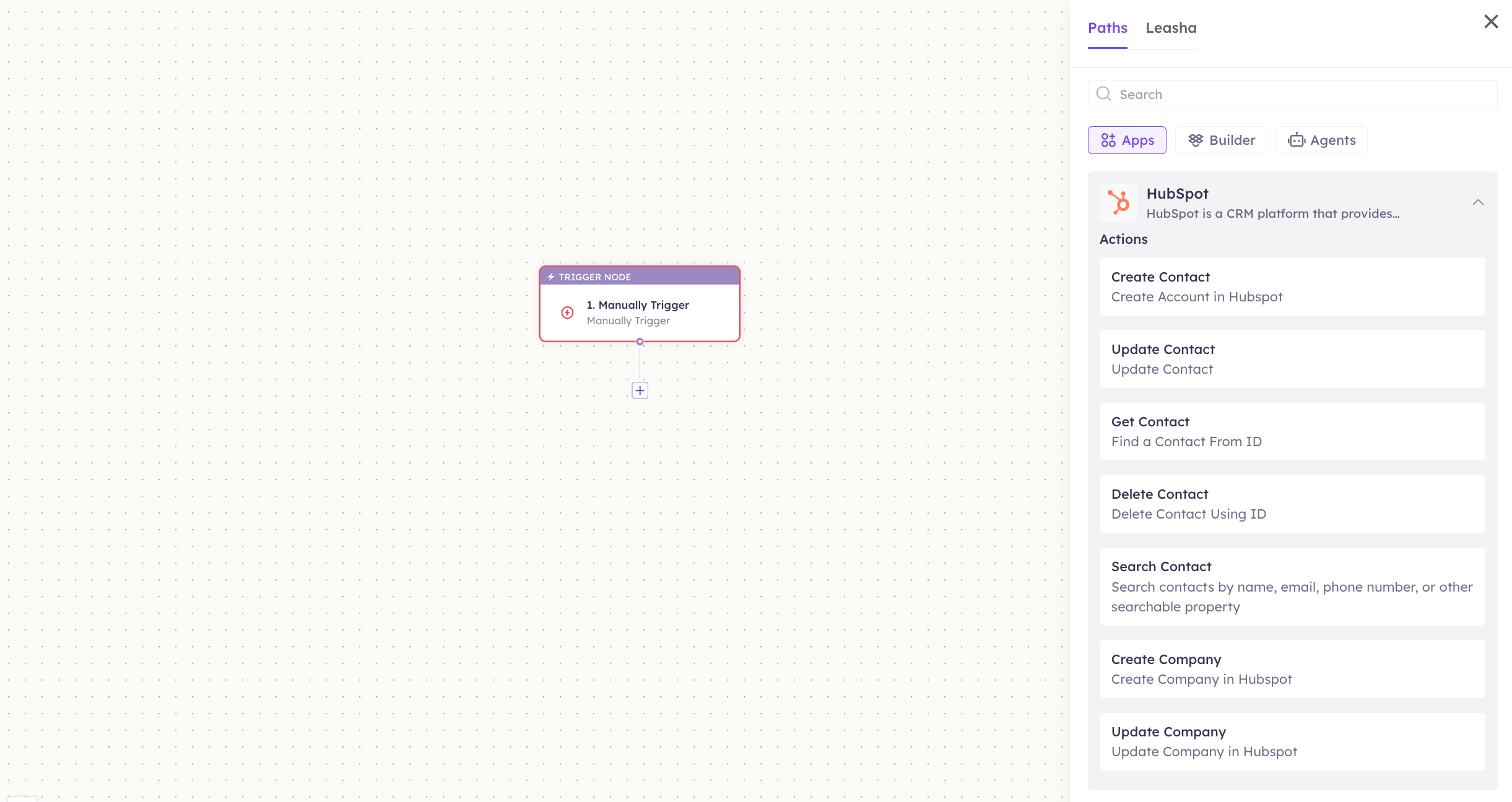 HubSpot actions in the Apps panel