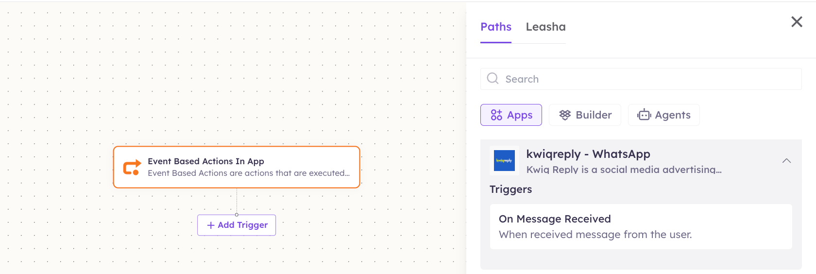 Kwiqreply triggers in the Apps panel