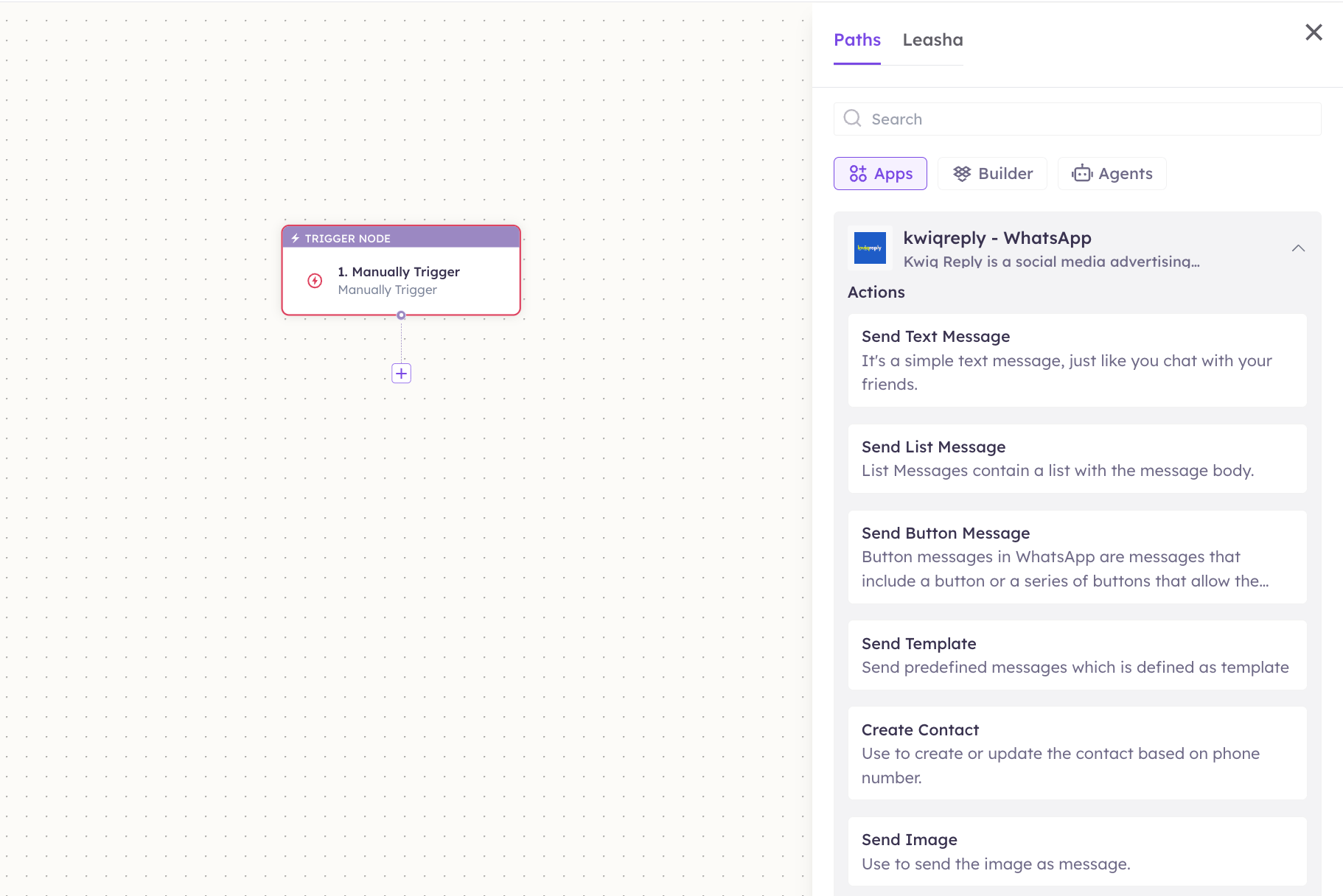 Kwiqreply actions in the Apps panel