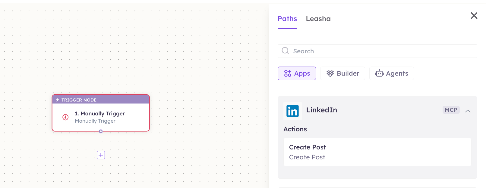 LinkedIn actions in the Apps panel